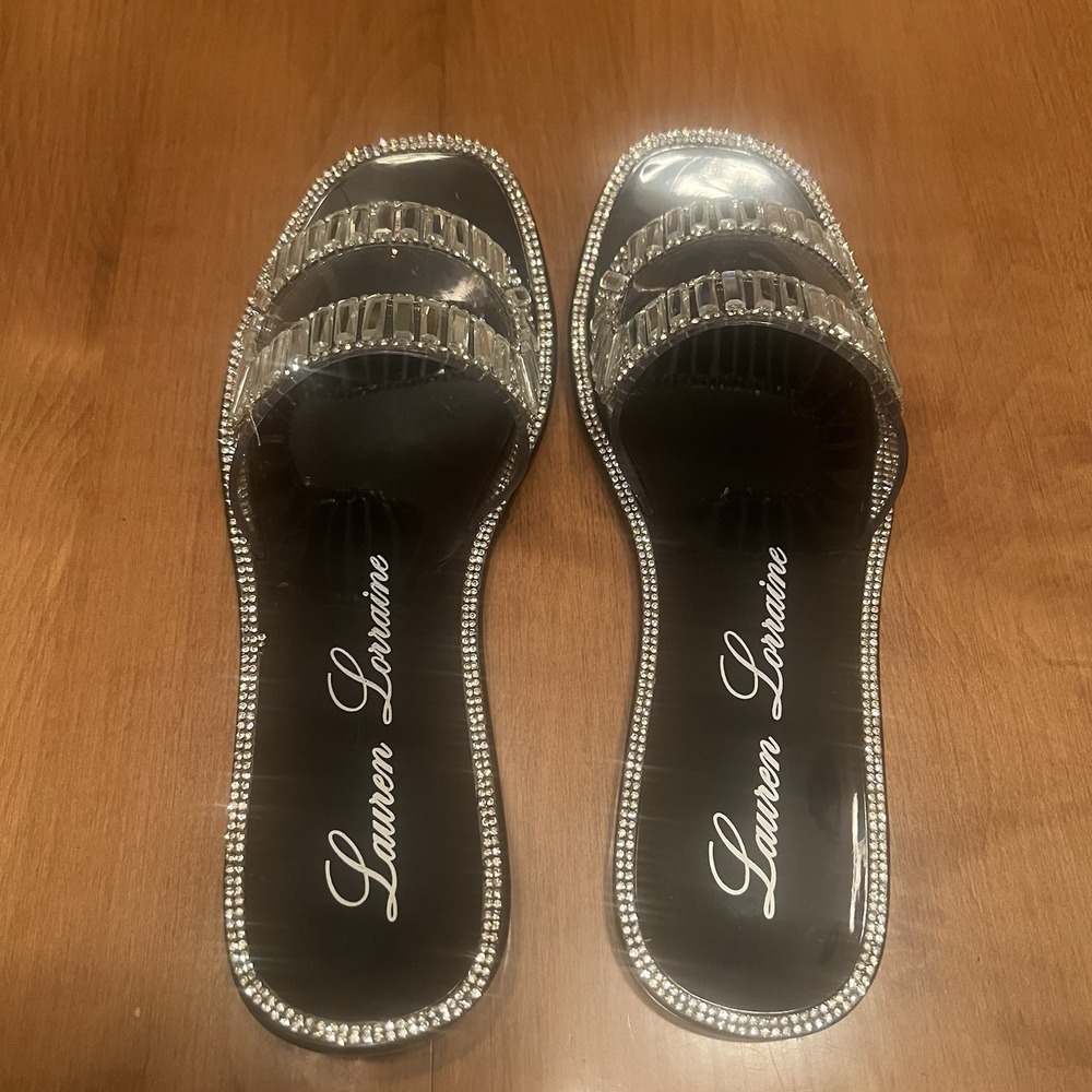 NEW Lauren Lorraine Jane Black Rhinestone Embellished Slide Sandals Size 6.5